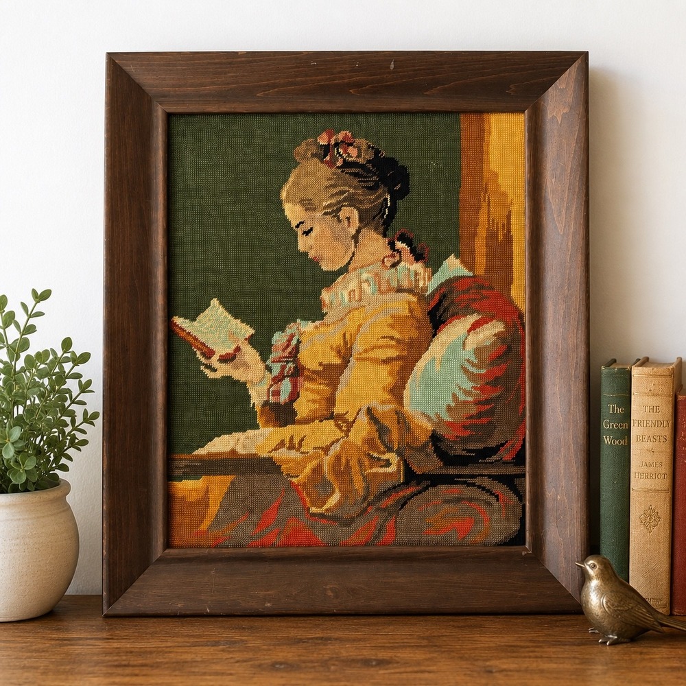 Vintage‎ 1969 Framed Needlepoint Tapestry Woman Reading Wall Art Wood Frame